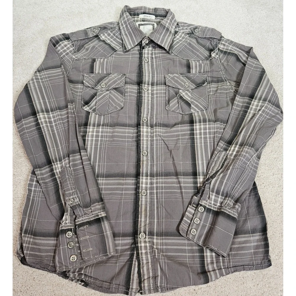 BKE‎ Button-Up Shirt Mens M Gray Plaid Long Sleeve Athletic Fit Flap Pockets